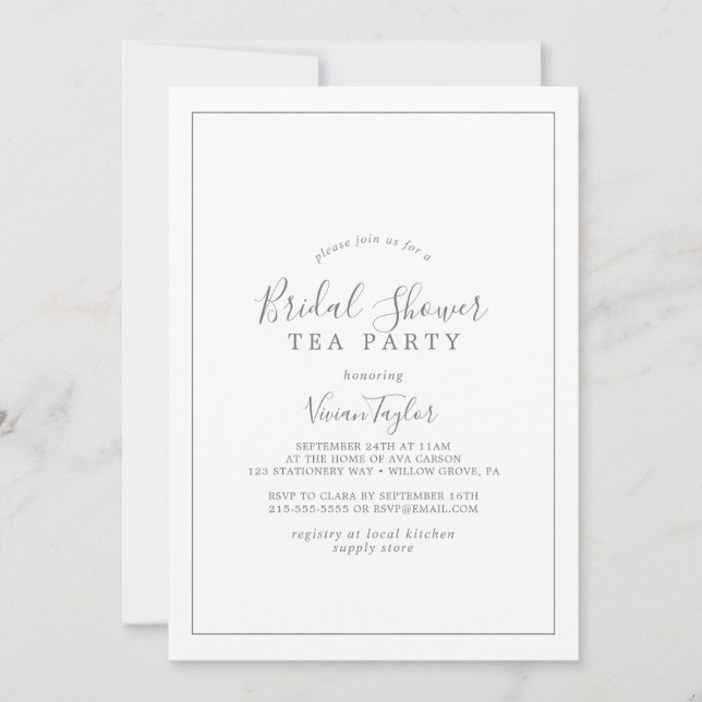 Invitación Fiesta de té con ducha de novia de plata minimalis (Anverso)