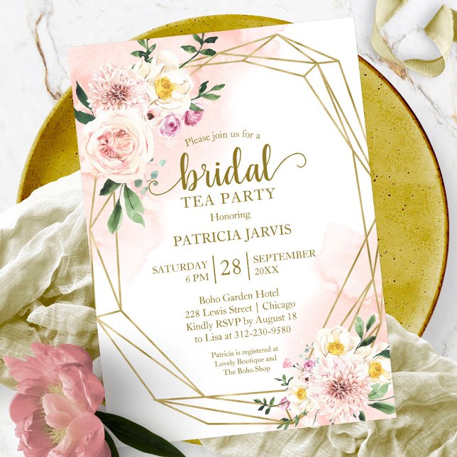Invitación Fiesta de té con ducha de novia floral de oro rosa (Subido por el creador)