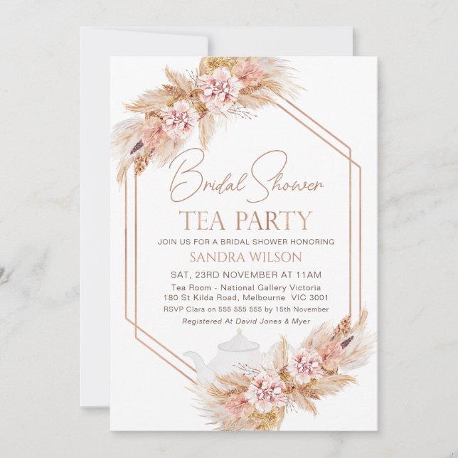 Invitación Fiesta de té con ducha marrón floral de Boho geomé (Anverso)