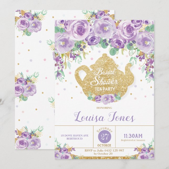 Invitación Fiesta de té con ducha morada floral (Anverso / Reverso)