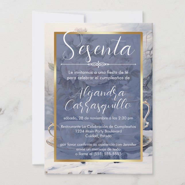 Invitación Fiesta de té con elegancia azul español 60 cumplea (Anverso)