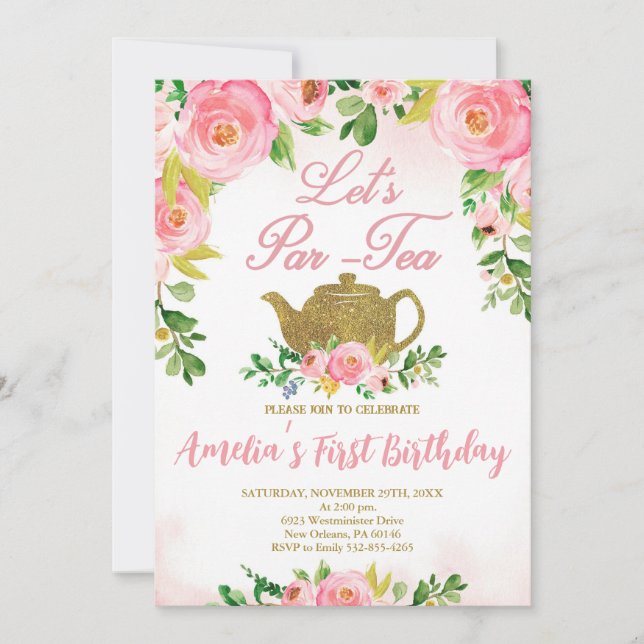 Invitación Fiesta de té con floral rosa primer cumpleaños, té (Anverso)