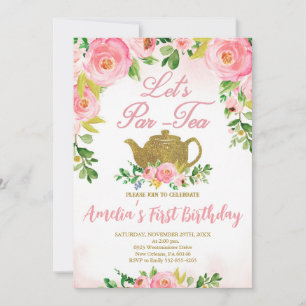 Invitación Fiesta de té con floral rosa primer cumpleaños, té