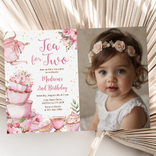 Invitación Fiesta de té con flores rosadas Foto de cumpleaños