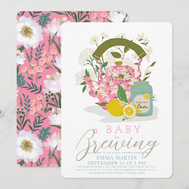 Invitación Fiesta de té con flores rosadas para bebe Baby Sho (Anverso / Reverso)