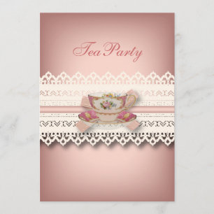 Invitación fiesta de té con té de color rosa floral de encaje