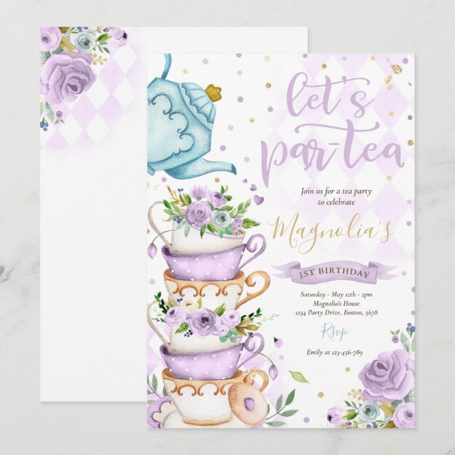 Invitación Fiesta de té Cumpleaños Chica Morple Gold Floral P (Anverso / Reverso)