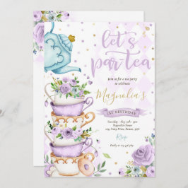 Invitación Fiesta de té Cumpleaños Chica Morple Gold Floral P