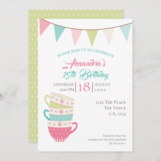 Invitación Fiesta de té Cumpleaños Colorido Personalizado (Anverso / Reverso)
