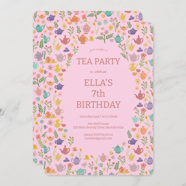 Invitación Fiesta de té Cumpleaños Personalizado Cute Coloros (Anverso / Reverso)