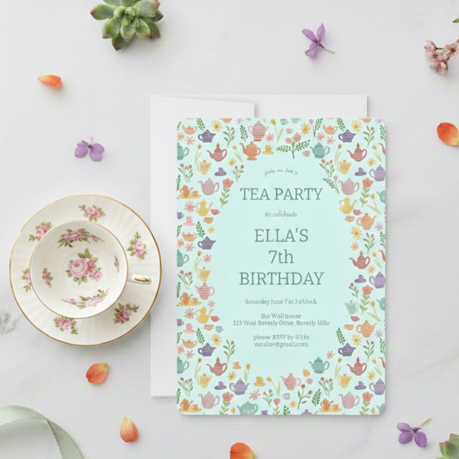 Invitación Fiesta de té Cumpleaños Personalizado Cute Coloros (Tea Party Birthday Cute Custom Colorful Floral Invitation
)
