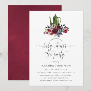 Invitación Fiesta de té de baby shower boho chic burgundy y n