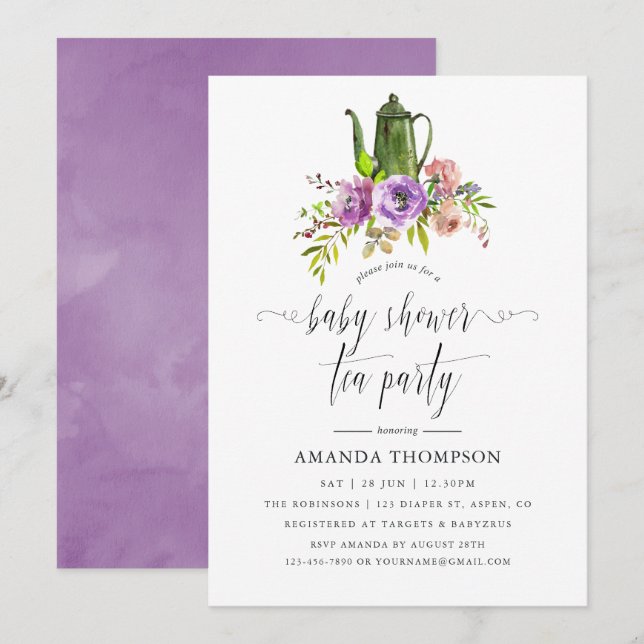 Invitación Fiesta de té de Baby Shower con acuarela floral de (Anverso / Reverso)
