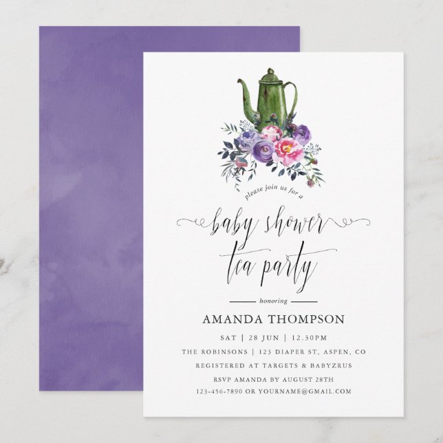 Invitación Fiesta de té de Baby Shower con flores violetas y  (Anverso / Reverso)