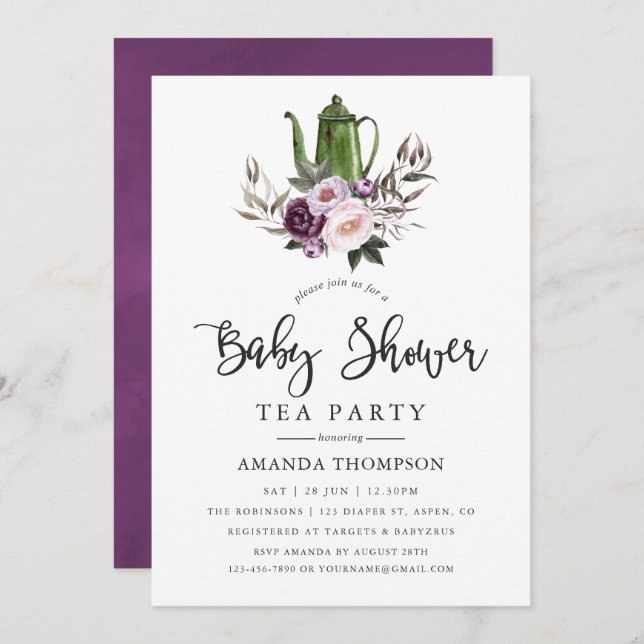 Invitación Fiesta de té de Baby Shower con terciopelo profund (Anverso / Reverso)