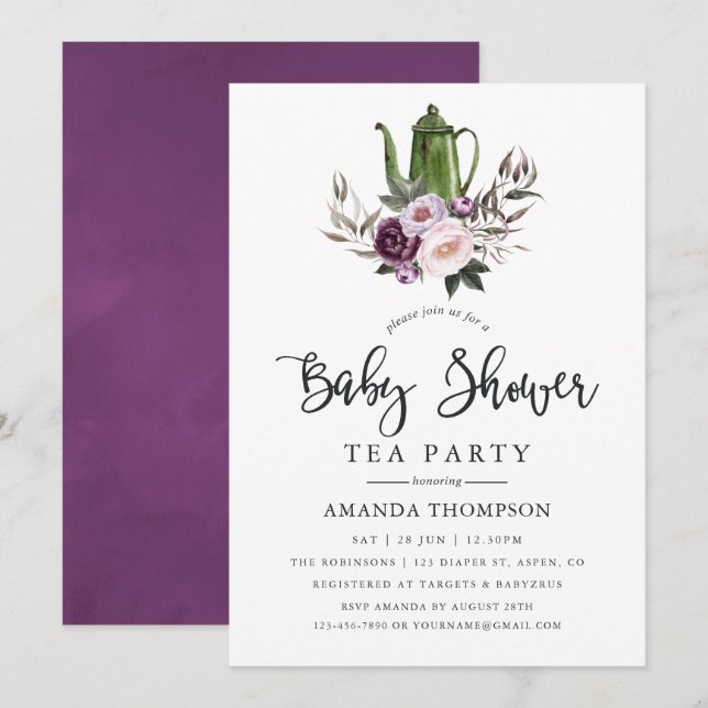Invitación Fiesta de té de baby shower de flores de terciopel (Anverso / Reverso)