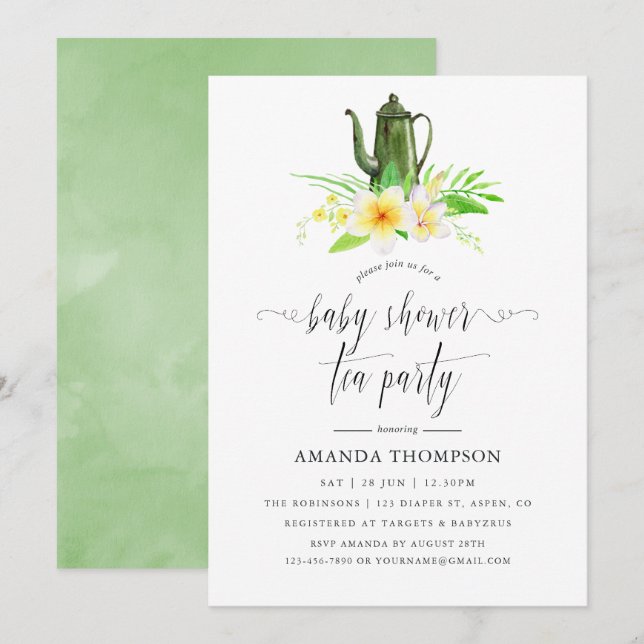 Invitación Fiesta de té de Baby Shower floral exótica frangip (Anverso / Reverso)