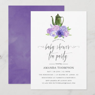 Invitación Fiesta de té de baby shower floral violeta ultra