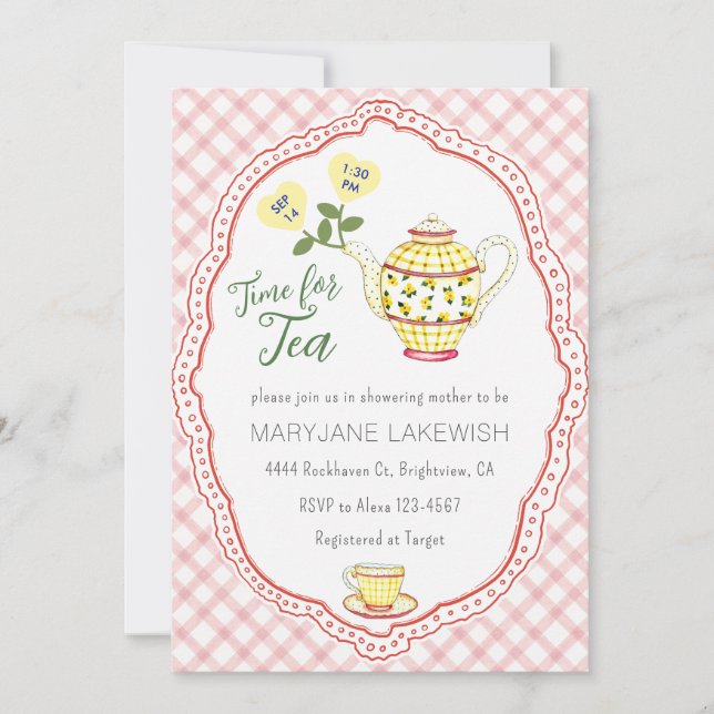 Invitación Fiesta de té de bebé con gingham rojo 007 Baby Sho (Anverso)