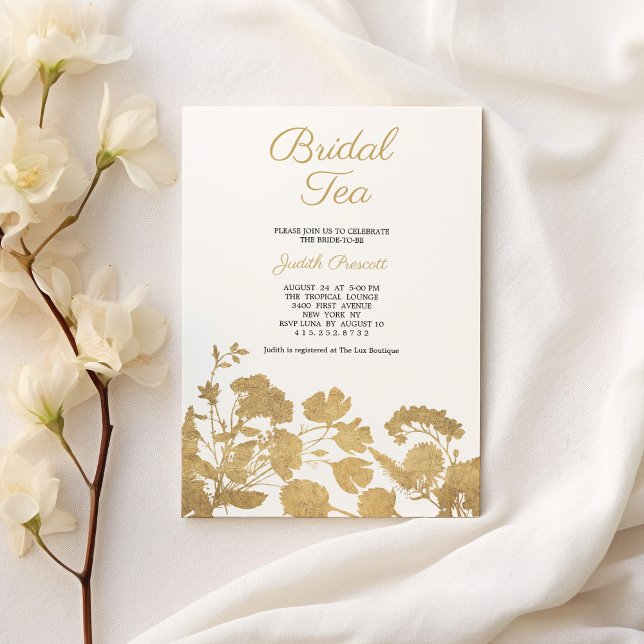 Invitación Fiesta de té de boda de flor de oro blanco Despedi (White gold flower bridal tea party Bridal Shower )