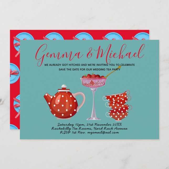 Invitación Fiesta de té de boda retro rockabilly años 50 vint (Anverso / Reverso)