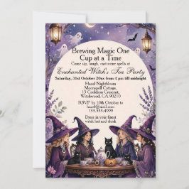 Invitación Fiesta de té de bruja encantada púrpura a la luz d