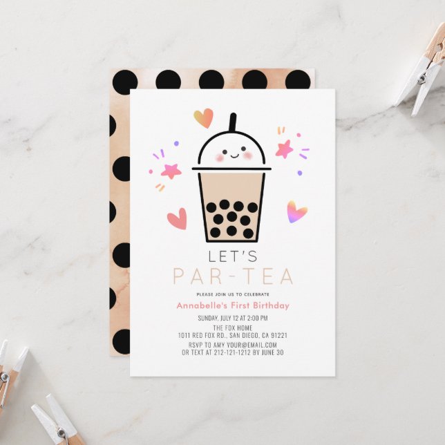 Invitación Fiesta de té de burbujas Boba Par-tea Cumpleaños 1 (Anverso/Reverso In Situ)