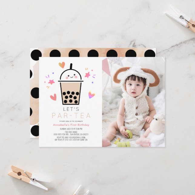 Invitación Fiesta de té de burbujas Boba Par-tea Foto Cumplea (Anverso/Reverso In Situ)
