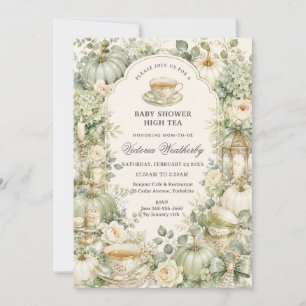Invitación Fiesta de té de calabaza floral verde salvia para