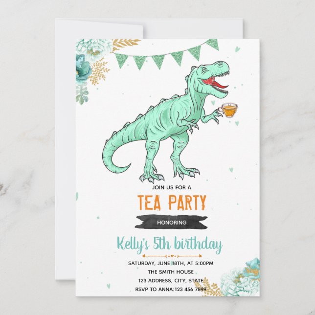 Invitación fiesta de té de chica T-rex (Anverso)