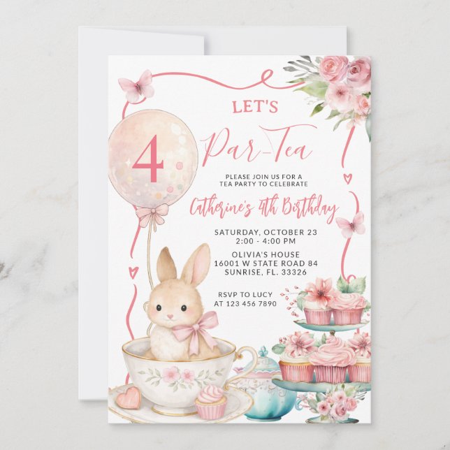 Invitación Fiesta de té de conejito rosa cumpleaños Let's Par (Anverso)
