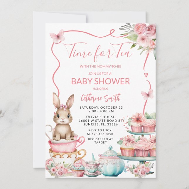 Invitación Fiesta de té de conejo pequeño lindo Baby Shower (Anverso)