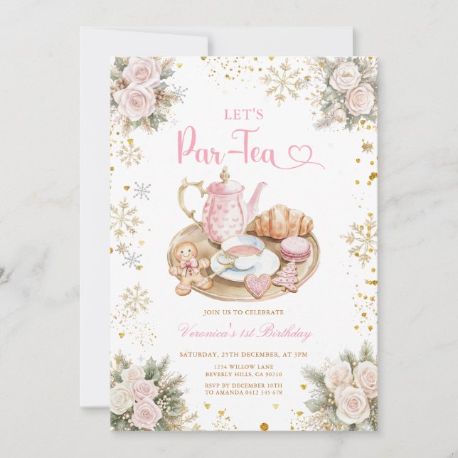Invitación Fiesta de té de cumpleaños copos de nieve rosa de  (Anverso)