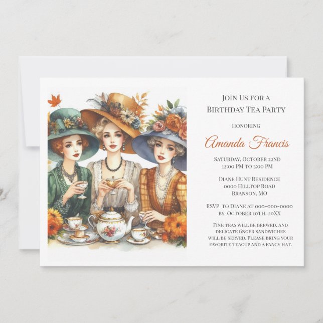 Invitación Fiesta de Té de Cumpleaños de Otoño  (Anverso)