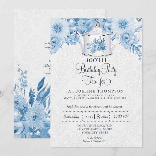 Invitación Fiesta de té de cumpleaños Dusty Blue Floral Teapo (Anverso / Reverso)