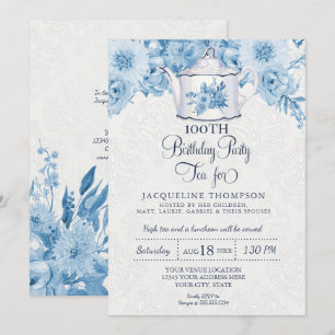 Invitación Fiesta de té de cumpleaños Dusty Blue Floral Teapo