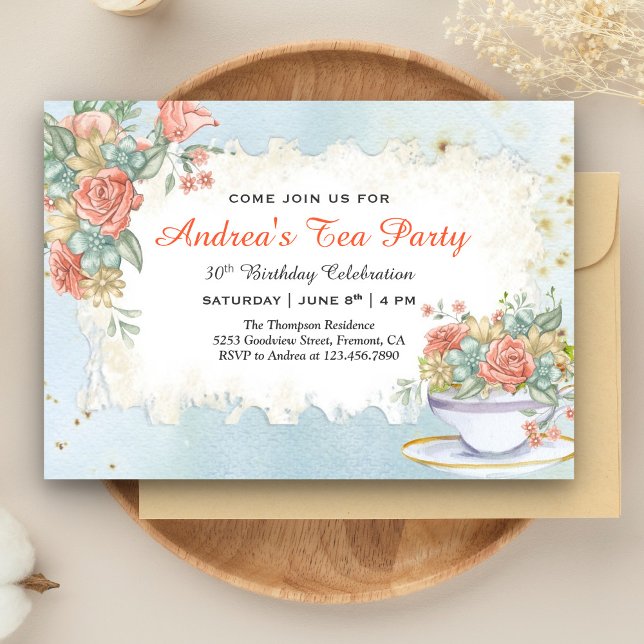 Invitación Fiesta de té de cumpleaños floral pastel rústico v (Subido por el creador)