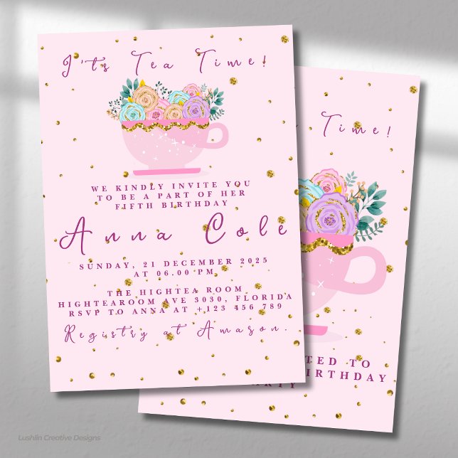 Invitación Fiesta de Té de Cumpleaños Número Cinco Elegante y (Subido por el creador)