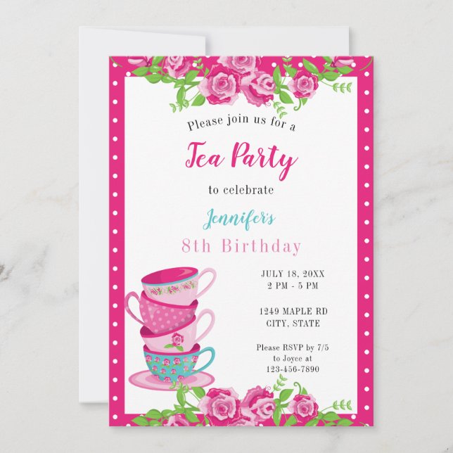 Invitación Fiesta de té de cumpleaños tazas florales rosas mu (Anverso)