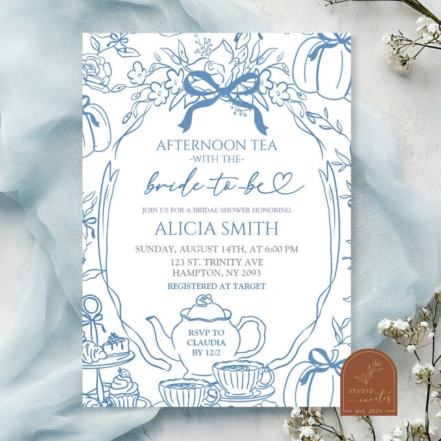 Invitación Fiesta de té de despedida de soltera con lazo azul (Subido por el creador)