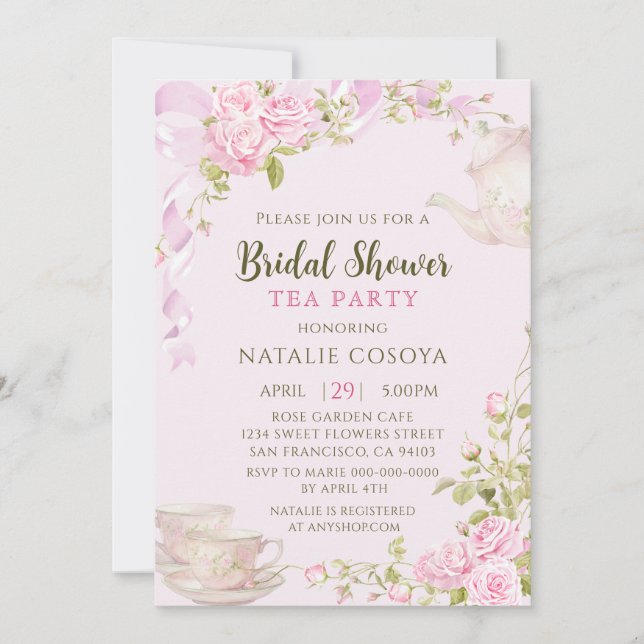 Invitación Fiesta de Té de Despedida de Soltera con Toques Fl (Anverso)