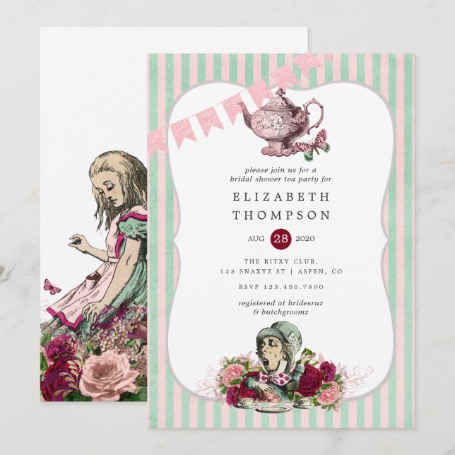 Invitación Fiesta de té de despedida de soltera de Alicia en  (Anverso / Reverso)