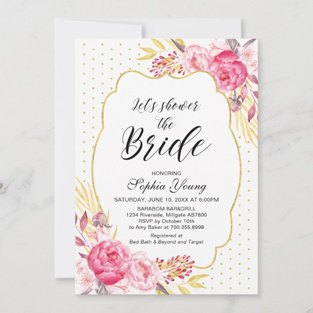 Invitación Fiesta de té de despedida de soltera Rosa y Dorado (Anverso)