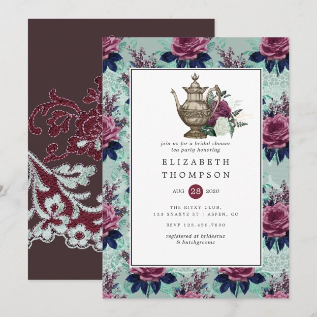Invitación Fiesta de té de despedida de soltera shabby-chic v (Anverso / Reverso)