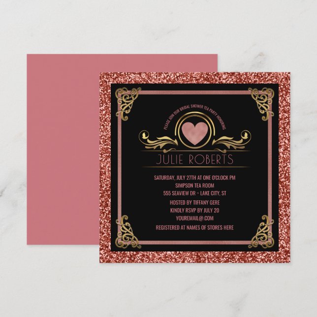 Invitación Fiesta de té de ducha de novia Rosa Purpurina de c (Anverso / Reverso)