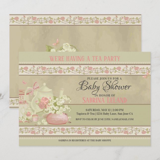 Invitación Fiesta de té de época Baby Shower (Anverso / Reverso)