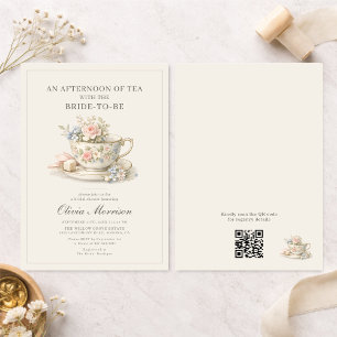 Invitación Fiesta de té de estilo vintage con código QR para