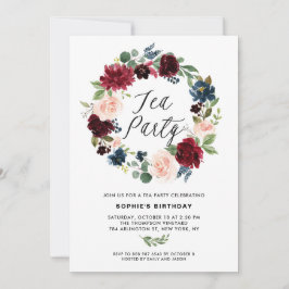 Invitación Fiesta de té de flores azules y borgoñas