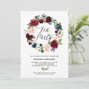 Invitación Fiesta de té de flores azules y borgoñas