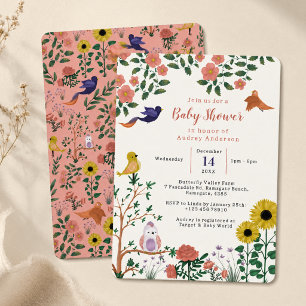 Invitación Fiesta de té de flores silvestres y pájaros lindos